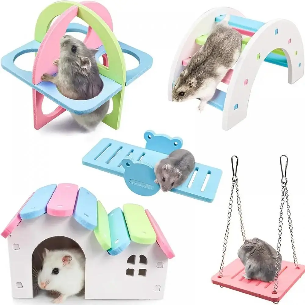 Wooden Hamster House Set, Hamster Cage Accessories, 5 Counts/set Hamsters Gerbil Hideout Cave Bridge & Swing, Small Pet Exercise Toys Sets, Small Animal Hideout Cage Climbing Play for Sugar Glider Gerbil, Hamster Cage Habitat
