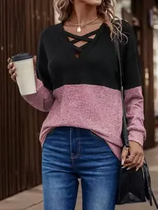 Women's Fall Winter Christmas Colorblock Knit Top, Fitted, Fashion Unique Style, Cross V Neck, Patchwork Design, Perfect for Daily Knitwear