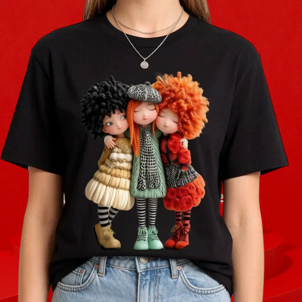 3 Cute Best Friend Dolls Graphic Tee Women, Kawaii Coquette Y2K Oversized Black T-Shirt BFF Casual Streetwear Top, Viral TikTok Shop Tees XS-6XL, Free Exquisite Gift With Every Purchase