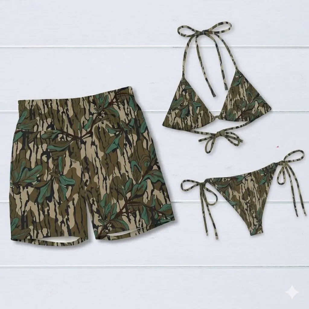 Green Leaves Mossy Oak Swimwear Set for Couples Matching Forest Hunting Bikini and Mens Beach Shorts Summer Vacation Outdoor Swimsuit