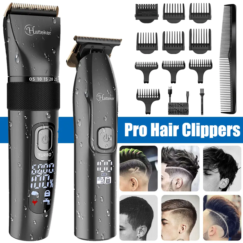 HATTEKER Professional Hair Clipper & T-Blade Trimmer Kit for Men, Cordless 3-Speed Grooming Set with Digital Control, IPX7 Waterproof, Fast Charging & 10 Guide Combs