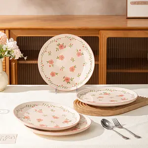 4-piece set of 10 inch ceramic Western style steak spaghetti dish, modern ceramic dinnerware, featuring red glazed peach blossom and yellow glazed chrysanthemum patterns, scratch resistant and wear-resistant, safe for microwave and dishwasher use