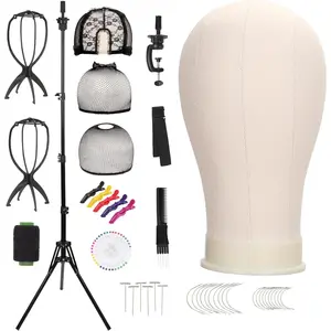 22'' Canvas Wig  with 61'' Adjustable Tripod Stand, Mannequin  Set for Styling, Display  Includes Caps, Elastic Bands, Stand & Tool Kit for Beginners and Professionals