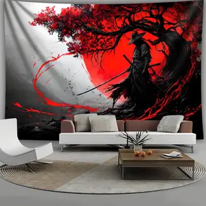 [Samurai Theme Decor] 1pc Premium Polyester Warrior & Tree Art Tapestry |       Bold Red & Black Aesthetic Print, Horizontal Wall Hanging for Living Room, Bedroom, Office, Hostel Decor with Free Hanging Clips, Bedroom Wall Art |       Samurai Theme Decor