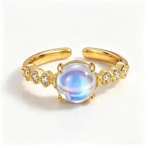 Vintage 4-Prong Moonstone Ring Adjustable Size Open Band, Shiny Blue Moonstone & Inlaid Zircon Gold Ring, Hypoallergenic Wedding Engagement Jewelry Gift for Ladies