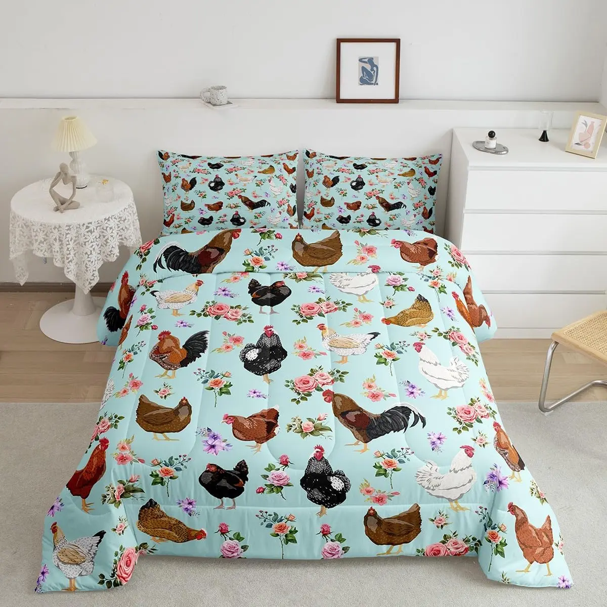 Luxury Microfiber Duvet Set - Super Soft Hen Rooster Print Comforter, Floral Rose Print Duvet Cover, Animal Inspired Bird Design Farm-Themed Novelty Bedding for Farmhouse Decor, Animal Inspired Duvets, Bird Design Duvets