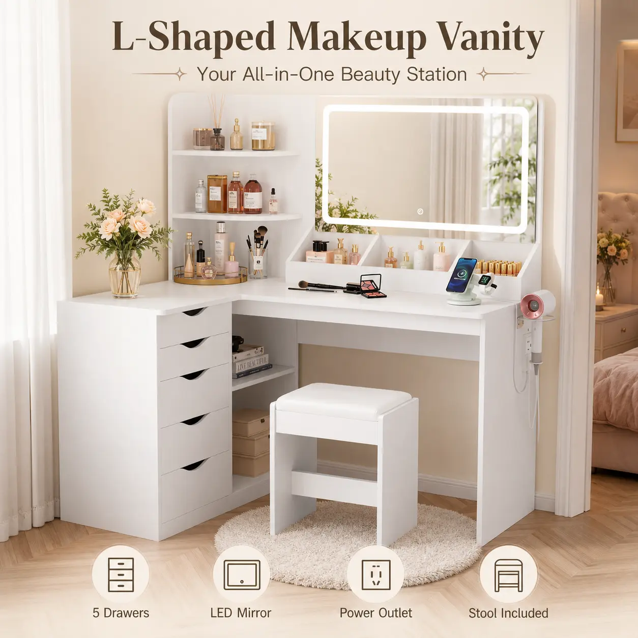 Makeup Vanity with Lighted Mirror, Dressing Table with 3 Color Lighting Modes & Brightness Adjustable, 5 Large Storage Drawers & Cushioned Stool for Bedroom Dressing Room, White Space-Saving Desk Set
