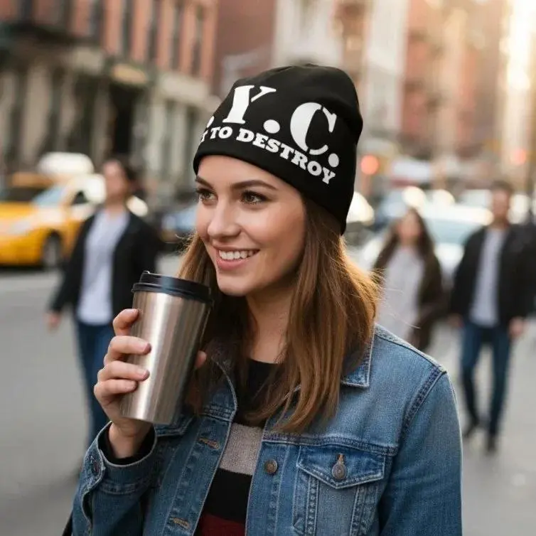 N.Y.C. B2D All-Over Print Beanie black - Double-Layered Soft Beanie for Chilly Days, Regular Fit, 96% Polyester 4% Spandex, EU Sourced from Lithuania