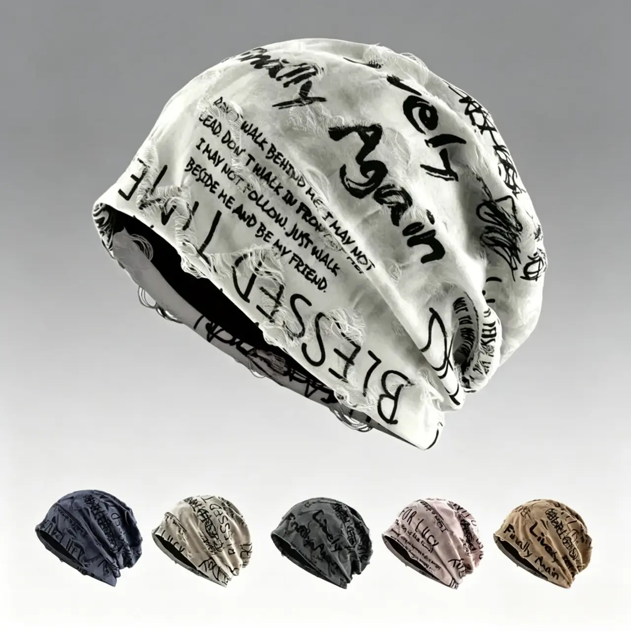 Unisex Graffiti Print Slouchy Beanie - Soft Stretch Knit Skull Cap, Loose 1 Size, Charcoal/Tan, Deconstructed Lightweight Grunge Streetwear for Festivals, Layering in Cool Weather, Chilly Commutes, City Adventures, Bad Hair Days