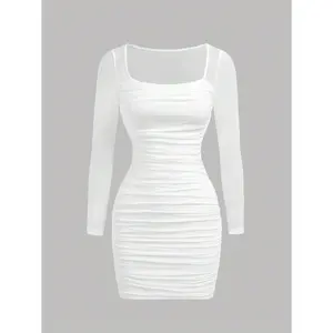 Girlism Teen Girls' Vintage Style Solid Color Square Neck Ruched Mesh Dress