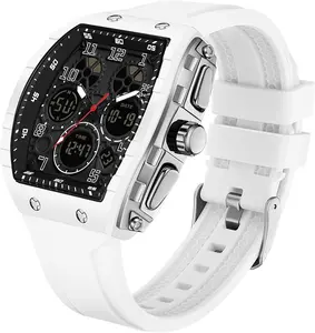 Watches for Men Unique Rectangle Relojes Para Hombres White Wristwatch with Digital Analog Dual Time Display Countdown Stopwatch Punk Cool Design 5ATM Waterproof findtime