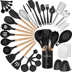Silicone Cooking Utensils Set, 43Pcs Non-Stick Heat Resistant Kitchen Gadgets with Holder & Black Cover