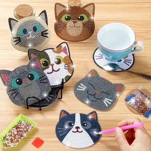 10PCS Diamond Painting Coaster Kits,Cat Themed DIY Arts and Crafts Set,Plastic Material,with Diamond Dots for Adults,for Valentine'S Day Gift