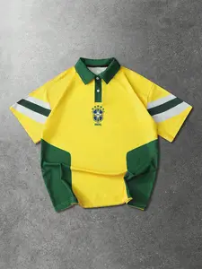 2026 Men's Vintage Brazil Style Soccer Polo Shirt, Retro Yellow & Green Mesh Jersey with Embroidered Badge, Oversized BlokeCore Streetwear Top for Festivals & Summer Fit Check