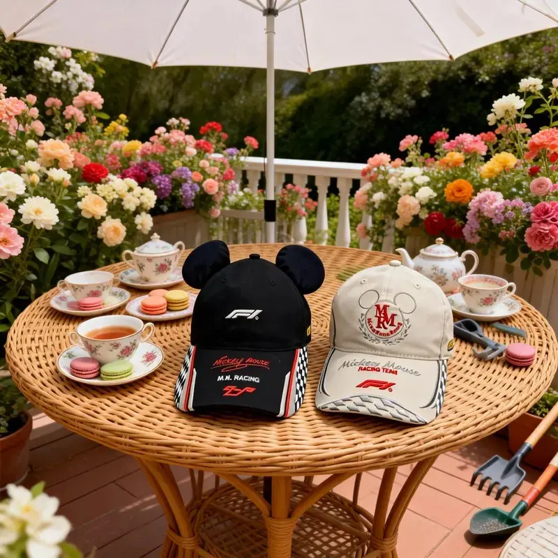 Disney Mickey Mouse F1 Racing Series Cotton Dad Cap - Black Ear Decor, Adjustable Strap, Unisex, Breathable UV Protection Casual Sun Hat, Sporty Chic for Streetwear Outfits, Cold Hand Wash Only, Do Not Bleach