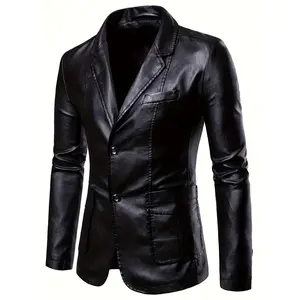 Men's slim fit PU leather jacket-stylish brown windproof blazer with lapel collar, long sleeves, and side pockets for casual wear