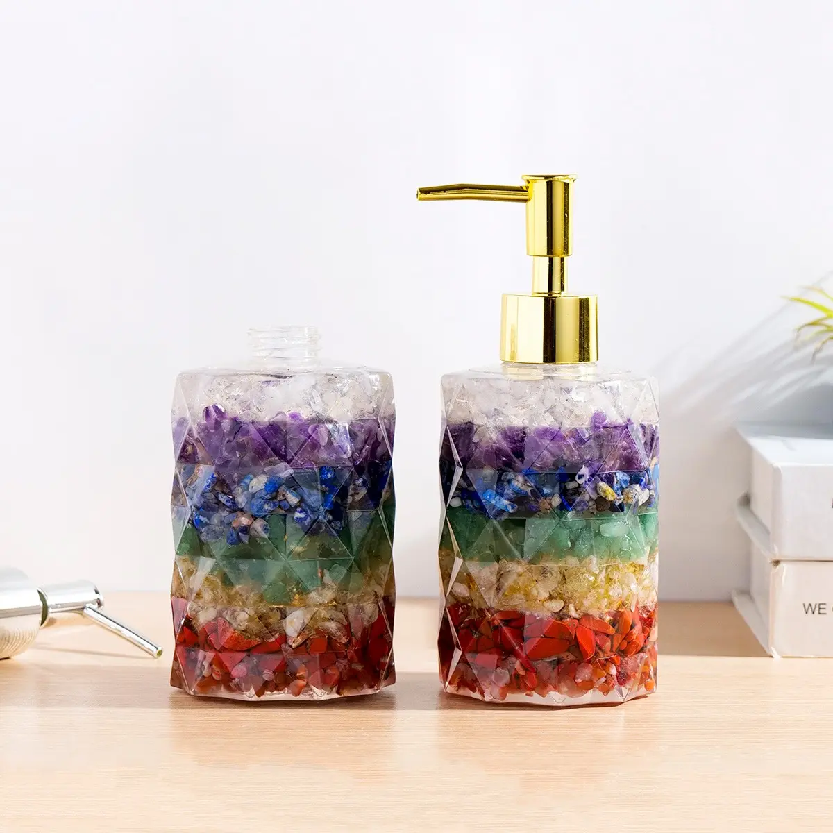 Manual Soap Dispenser, Natural Crystal Stone, Gravel Resin, Fluorite Rose Quartz, Hand Sanitizer Bottle Container, Press Empty Bottles, Refillable Bottle, Bathroom Accessory, Decorative, Soap Canister