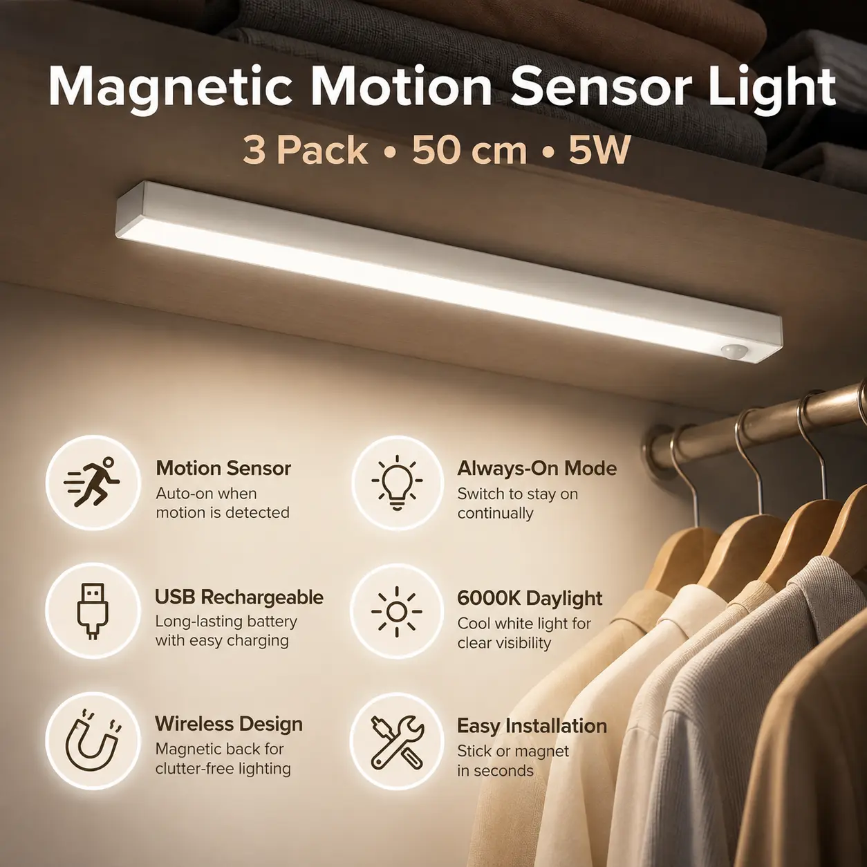 3/4/5/6-Piece Magnetic Motion Sensor Light Strip Set -  Adjustable Energy-Saving Indoor Lighting for Kitchen, Closet - Interior LED Lights, Apartment Stuff, Ideal Mother's Day Gift, Led Light Strips