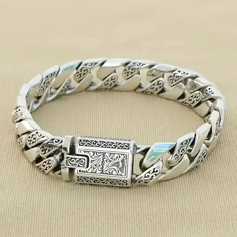 S925 Sterling Silver Men's Vintage Engraved Cuban Link Bracelet - Floral Clasp, Rugged Design, Elegant Jewelry Bracelet, Heirloom-Quality Gift for Anniversary, Birthday, Daily Wear Adults' Accessory