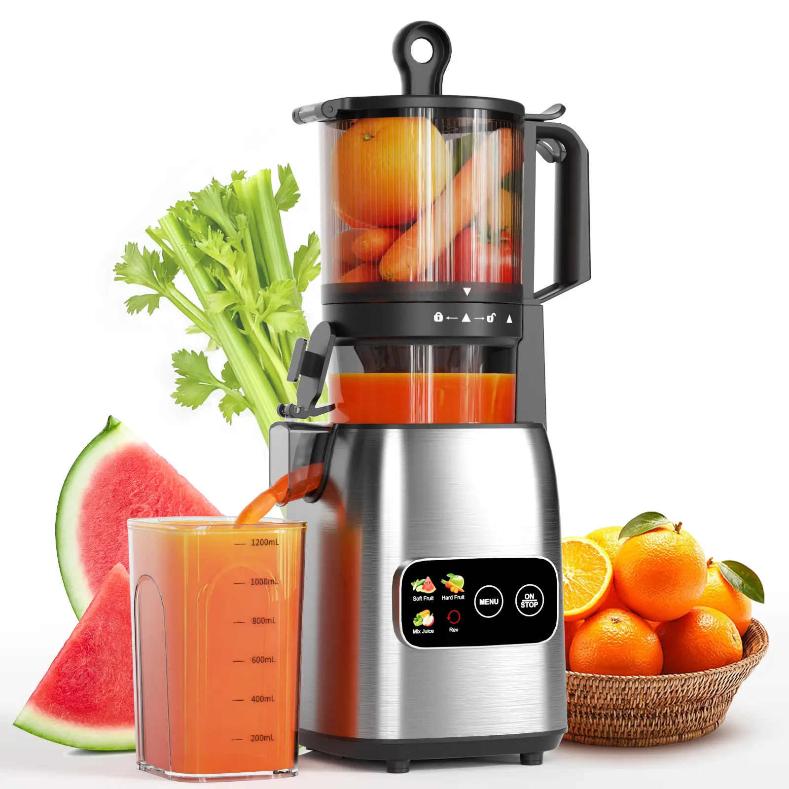 COWSAR 300W Cold Press Juicer, 5.4" Wide Feed Chute, Slow Masticating Juicer Machines Vegetable and Fruit, Electric Juicers Juice Maker with Reverse Function, Stainless Steel Juicer Easy to Clean