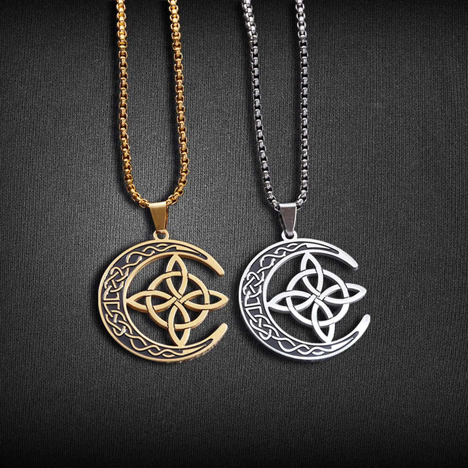 Celtic Trinity Knot Necklace - Stainless Steel Crescent Moon Pendant, Unisex Spiritual Witchcraft Aesthetic Jewelry for Birthday, Friendship, Anniversary Gifts, Casual Wear, Daily, Alloy, Geometric