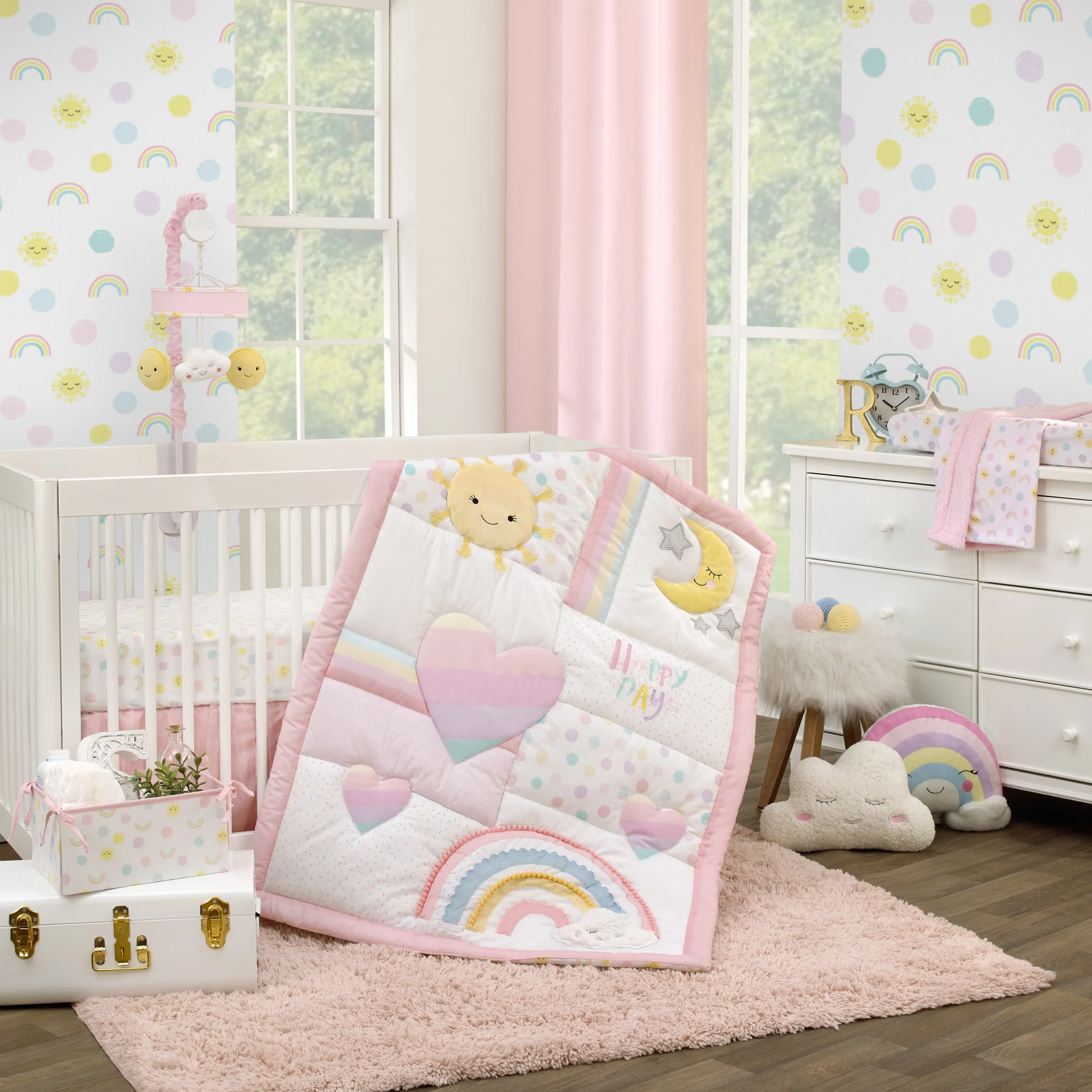 Happy Days Pink, White, and Yellow Rainbows and Sunshine 4 Piece Nursery Crib Bedding Set - Comforter, 100% Cotton Fitted Crib Sheet, Crib Skirt and Reversible Storage