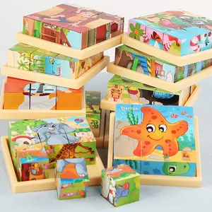 Wooden Cube Puzzle – 6-in-1 Animal Puzzle for Toddlers and Preschoolers, 9 Wooden Cubes Animal, Farm Ocean Animal Theme Toy for Kids Ages 3 4 5 6 Boys Girls