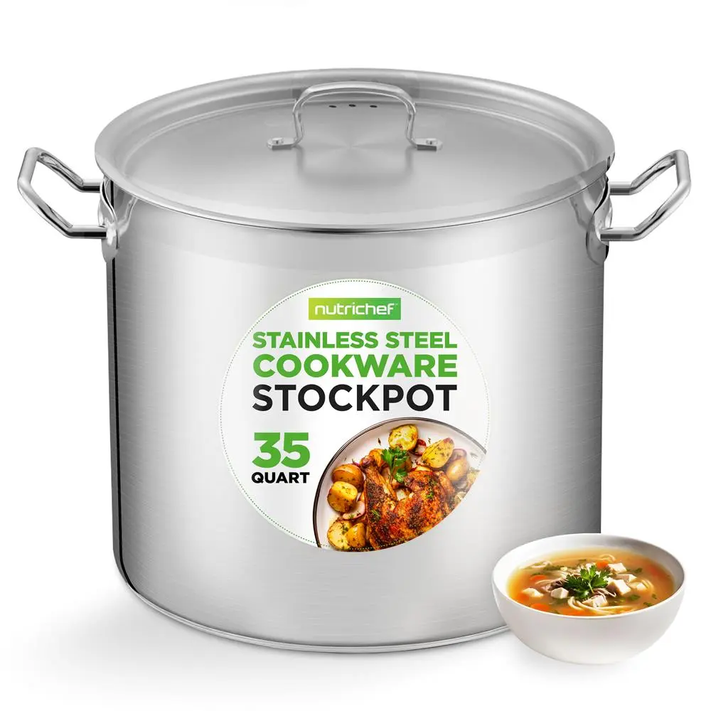 Nutrichef 35 Qt Polished Solid Stainless Steel Stockpot - Stainless Steel Cookware with Even Heat, Strong Riveted Handles, Lid, Oven Safe, Gas & Ceramic Induction Compatibility for Large-Batch Meals, Stew