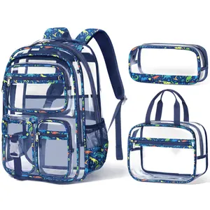 Fimibuke 3Pcs Transparent School Backpack Set, Waterproof Clean Backpack with Lunch Bag & Pencil Bag for School Girls Boys