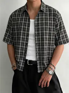 Men's Black White Plaid Short Sleeve Oversized Button Down Shirt, Y2K Vintage Checkered Collared Top, Casual Streetwear for Daily, Summer Classic #springsaledeals2026 #summeroutfits #tiktokshopmademebuyit #menfashion