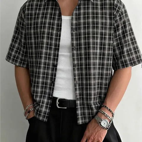 Men's Black & White Plaid Oversized Short Sleeve Button-Down Shirt Y2K Vintage Checkered Collared Top, Casual Streetwear for Daily & Summer Wear Buttoned Casual Shirt