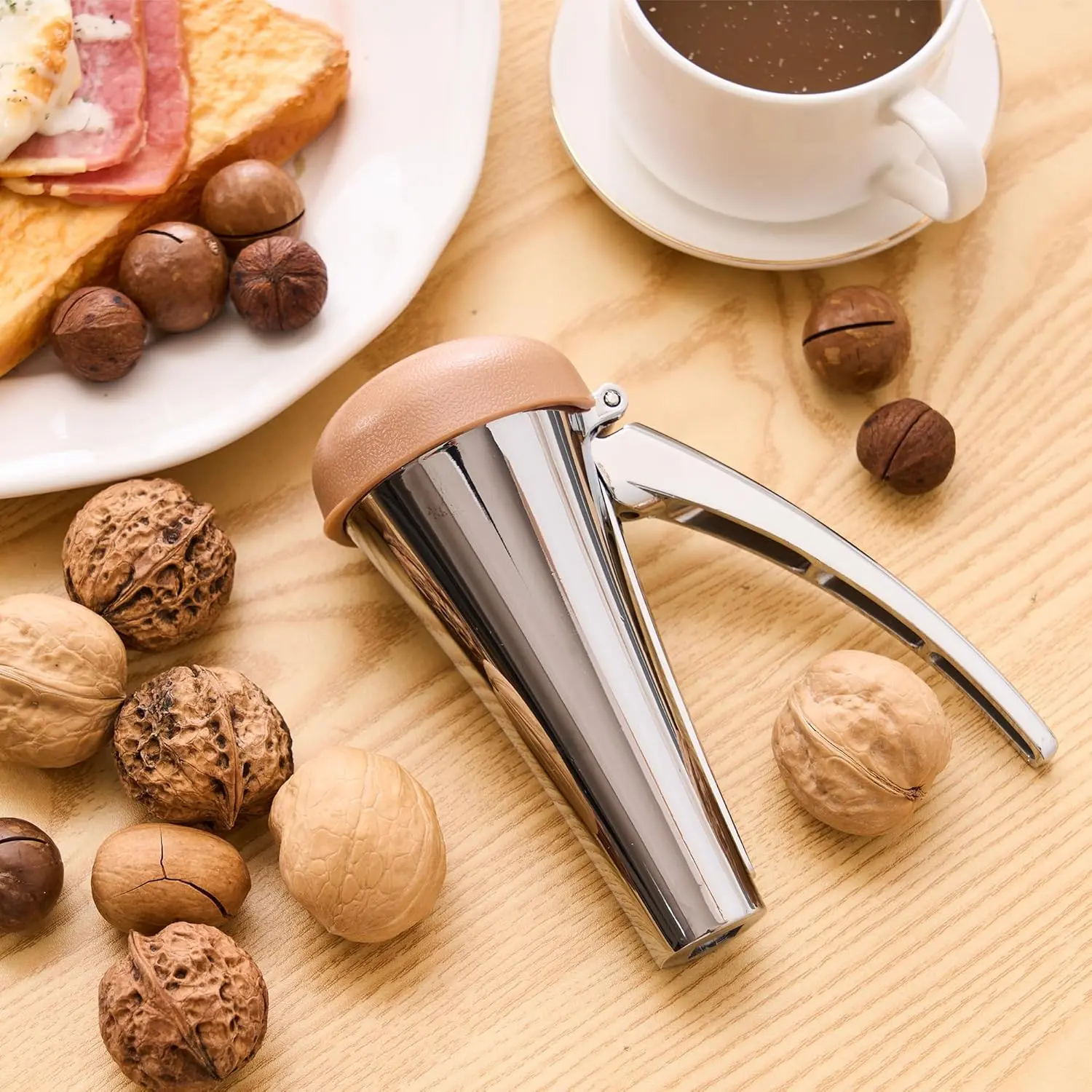 Heavy-Duty Zinc Nut Cracker Kitchen Utensil with Splash-Proof Brown Lid, Long Leverage Handles, Spring Return & Ergonomic Design for Effortless Cracking, Utensils