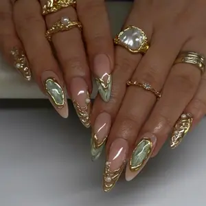 Nude Base Vintage Gold Foil Press On Nails, Mint Green Marble Swirl with Irregular Metal Frame and Pearl Accents, Luxury Elegant Medium-Long Almond Removable False Nails with Jelly Glue and Nail File