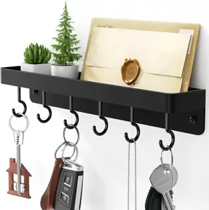 Black Key Holder Wall Mount, Stainless Steel Self Adhesive Hooks Rack with Shelf, No Drill Key Hanger for Door and Wall