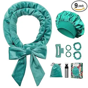 No Heat Overnight Curl Headband, 70" Soft Ribbon Wrap for Long Hair, 9 PCS Hair Curling Rods Set - Blue Green