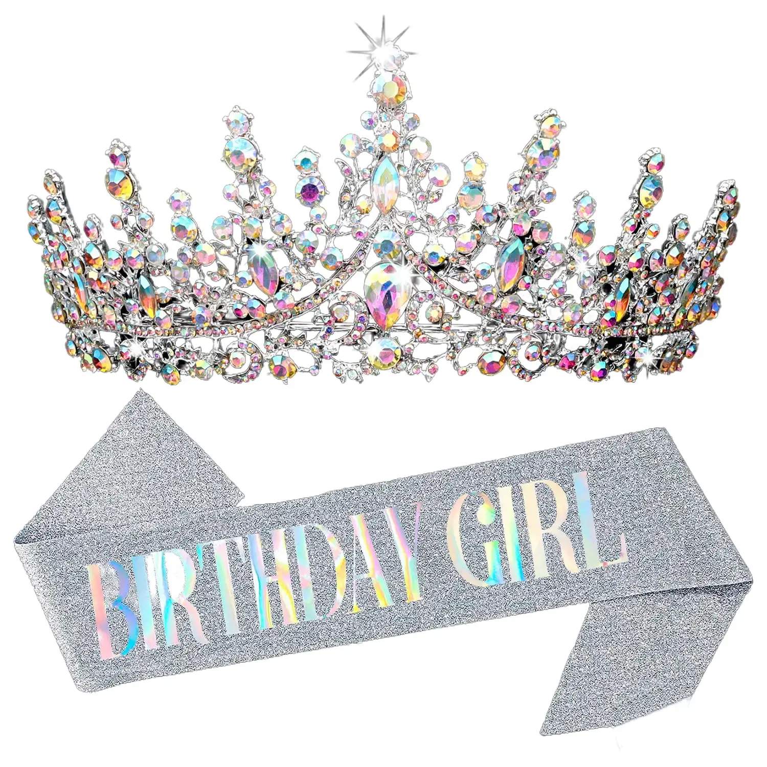 Birthday Girl Sash and Crown Set for Women, Glitter Silver Birthday Sash with Holographic Lettering & Colorful AB Crystal Tiara, Princess Birthday Decorations Party Supplies Favors