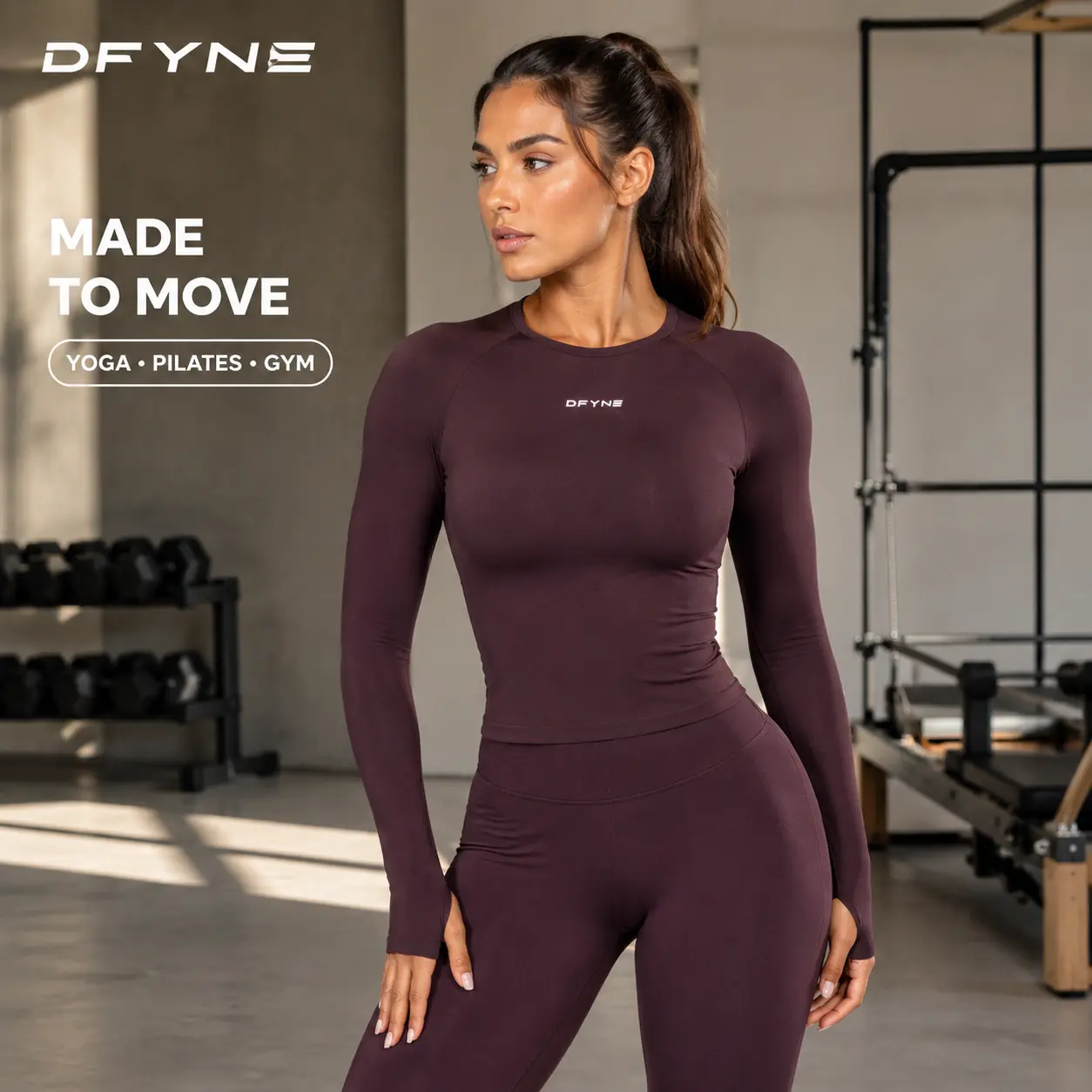 Dfyne Logo Print Women’s Athletic Base Layer Crewneck Sweatshirt - Nylon Fabric, Close-Fit Raglan Thumbhole Sleeves Sporty Chic Workout Top for Yoga Practice, Outdoor Training