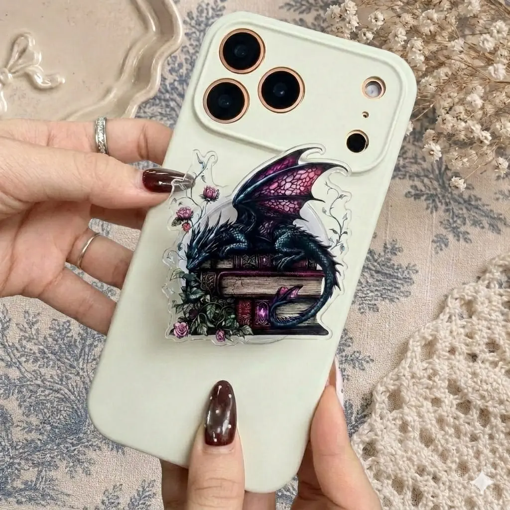 "Mythical Dragon Phone Grip – Fantasy Aesthetic Book & Dragon Pop Socket, Enchanted Magical Creature Phone Holder, Collapsible Accessory for Case, Unique Gift for Book Lovers"