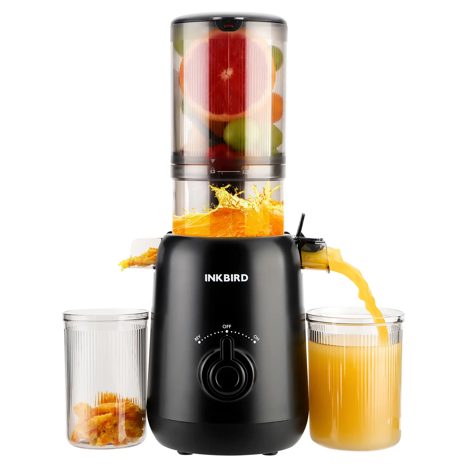 INKBIRD Compact Electric Cold Press Juicer Machine - 113mm Feed Chute for Whole Fruits & Vegetables, 1.2mm Filter, 650ml Juice Cup, High Yield, Easy to Clean, Auto Shutdown, 120V/60Hz Portable Kitchen Appliance (Black)