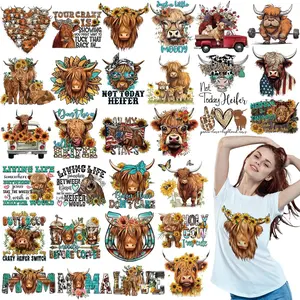 30 count Western Iron On Transfer Patches Iron On Vinyl Decals for Jeans Western DTF Heat Transfer Vinyl Stickers DIY Appliques for Clothing T Shirt Pillow Hat(Highland Cow)
