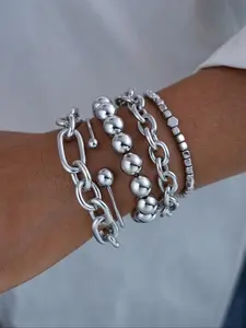 Silver Color Stackable Chain Bracelet Set, Adjustable Link Bracelet, 5-Piece Adjustable Alloy Pin Chain + Bead Bracelet, Fashion Layering Jewelry, Ideal Birthday Gift, Stackable Bracelets, Adjustable Beaded Design