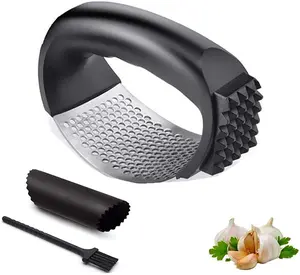 Garlic Press Rocker,2-in-1 Multifunctional,Garlic Crusher,Stainless Steel Garlic Chopper,Mincer, Grinder,Cutter,kitchen Gadget,with Silicone Roller Peeler,Cleaning Brush and Orange Peeler (Black)