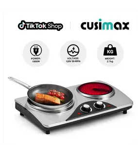 CUSIMAX Dual Control Ceramic Electric Hot Plate - Portable Compact Small Induction Hobs with 900W Heating Elements, Adjustable Thermostat, Easy-Clean Silver Stainless Steel Body, US Plug, Rapid Heat Countertop Induction Cooker