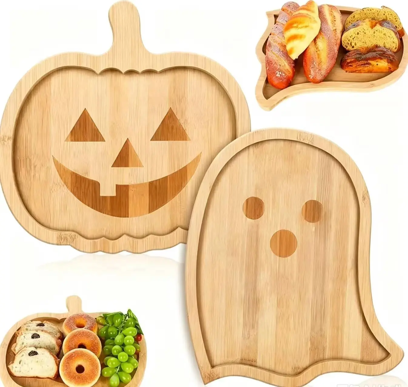 2-piece Halloween pumpkin and ghost themed food plate set, bamboo cheese plate, appetizer plate, party plate, holiday plate, home party tableware, for serving cheese, fruit, snacks.Holiday housewarming gift, wooden snack plate#Global Selection Family Indo