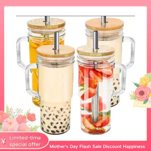 24oz Glass Cups with Lids and Straws - Glass Tumbler cup with bamboo lids and straw iced coffee cup