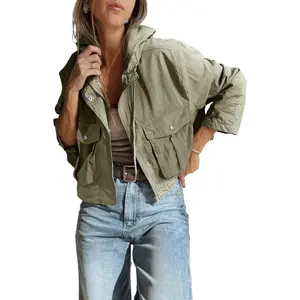Women's Laurel Green Zipped Pocket Cropped Hooded Utility Jacket for Casual Fall Outings