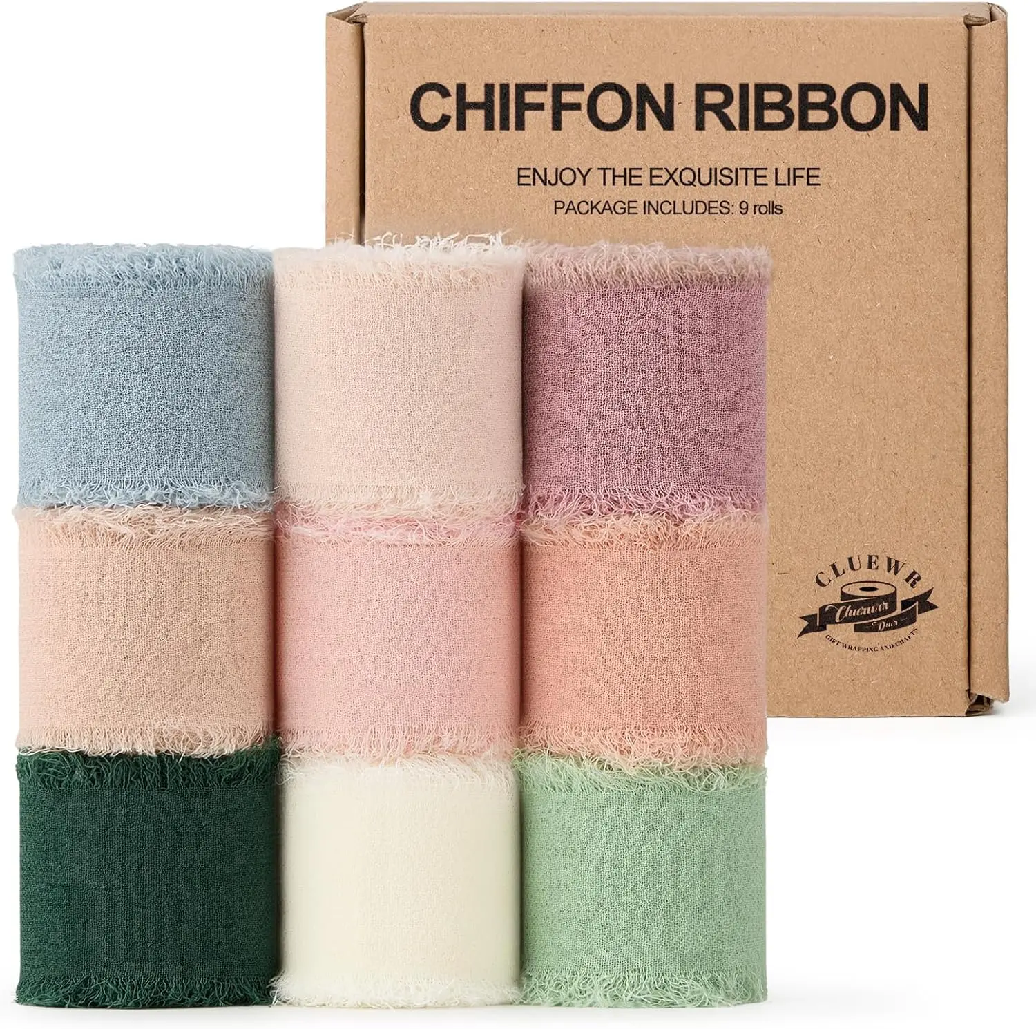 9 Rolls Pack Mixed Color Chiffon Ribbon - 1" x 27 Yd, Fringe Edge, Silk Ribbon, Romantic Gift, Wedding Decor, Home Craft, Gift Wrapping, Bridal Flower Bouquet, Polyester Chiffon