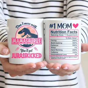 Printed Coffee Cup - Mamasaurus Mothers Day Beverage Drink Mug from Daughter or Son, Mom Nutrition Facts Gift Kitchenware Drinkware - mth10304