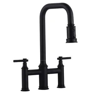 WOWOW 3 Patterns Double Handle Pull Down Bridge Kitchen Faucet with 360° Swivel Spout for 3 Holes in Matte Black