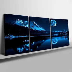 Night Moon Lake Pattern Canvas Painting, 3 Counts/set Modern Wall Art Painting, Wall Art Decor for Home Living Room Bedroom Office, Ornaments